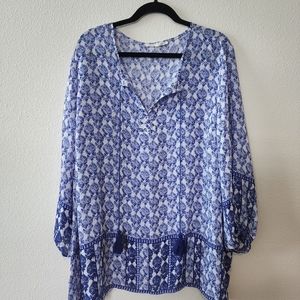Violet + Claire 3X Boho Blue Pattern 3/4 Sleeve Blouse